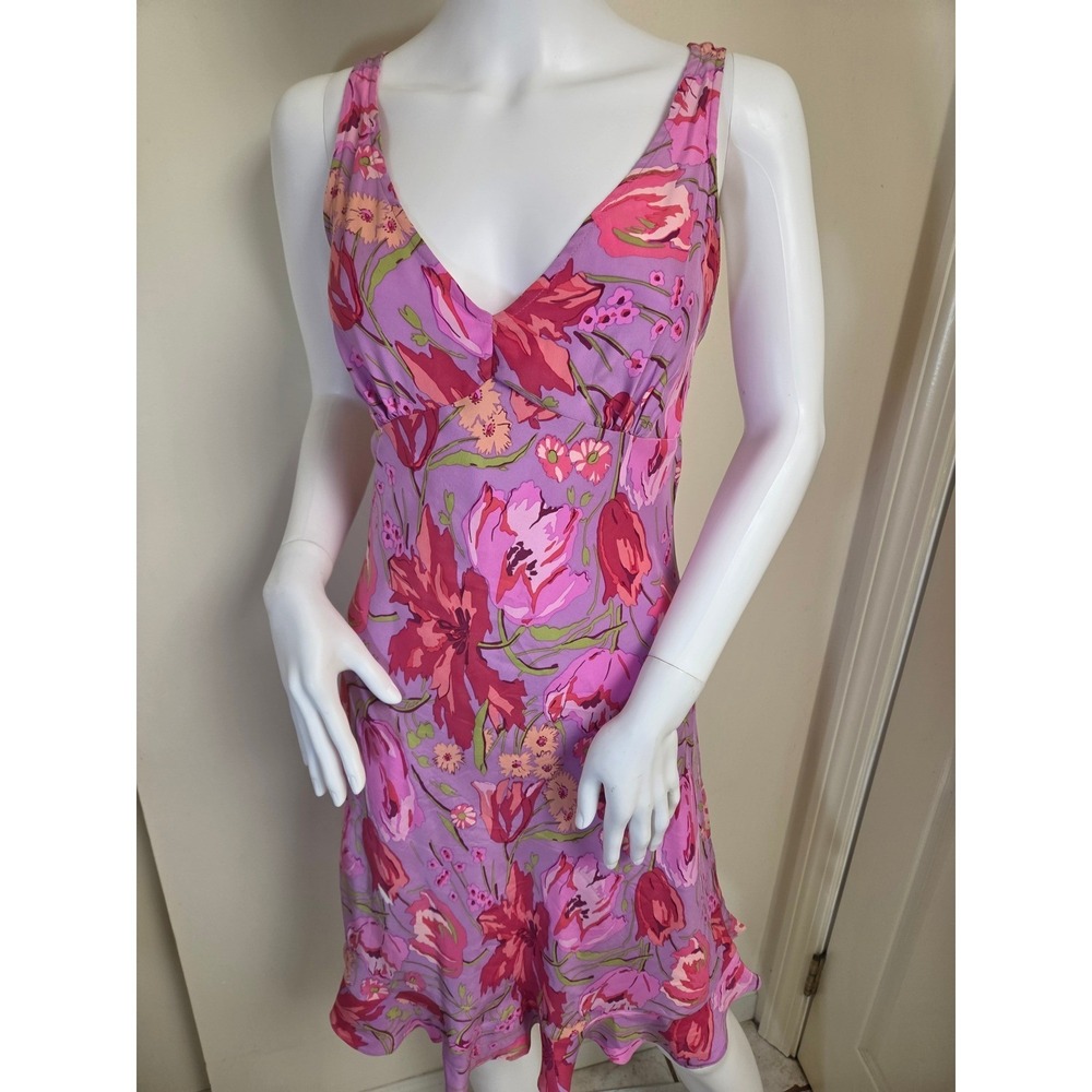 Betsey Johnson Vintage Y2K Pink Floral Silk Slip Dress Ruffle Hem Petite L - Picture 2 of 14
